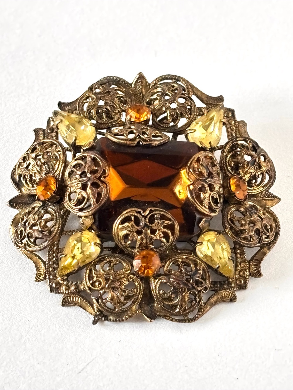 WEST GERMANY Ornate Filigree & Topaz Rhinestone Brooch Vintage